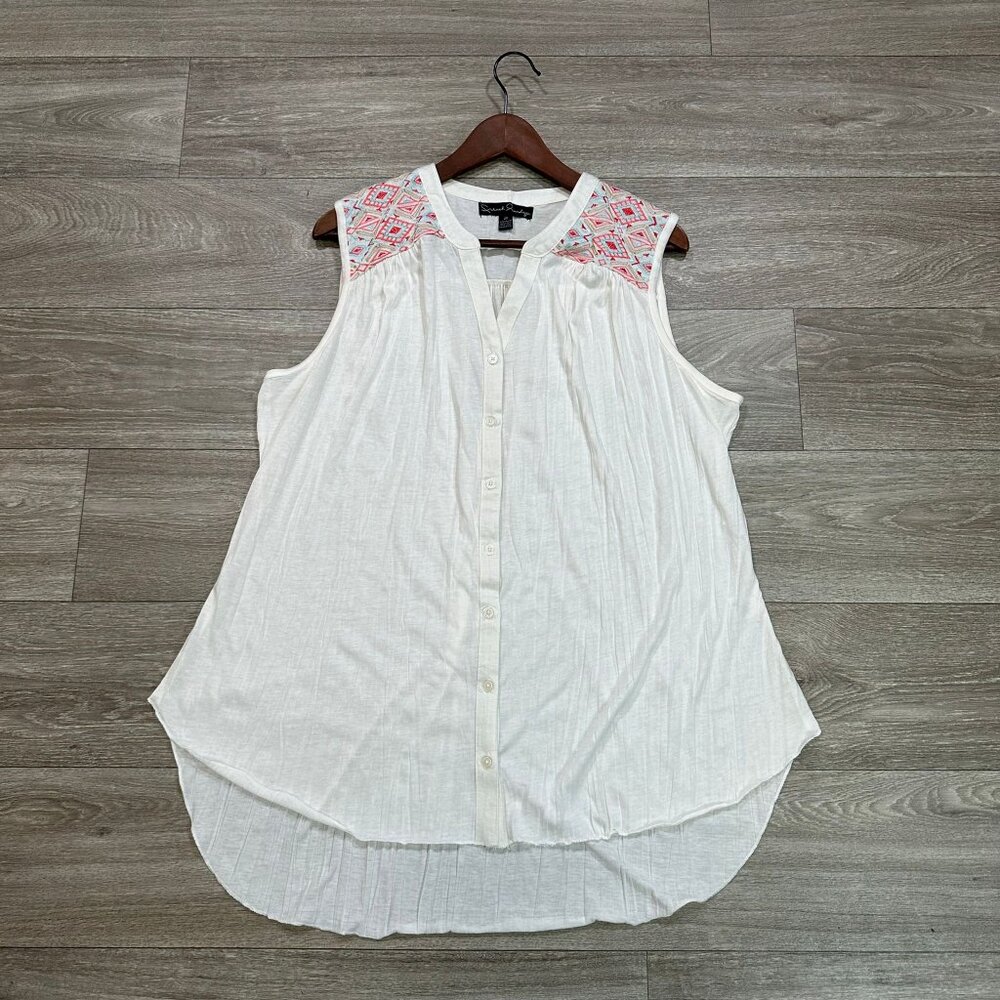 French Laundry‎ White Tops Embroidered Blouse duck-egg tunic 2X